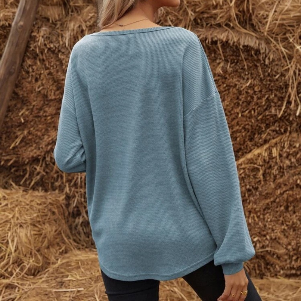 Waffle knit half placket button down henley long sleeve tee shirt boho oversized - Picture 2 of 14